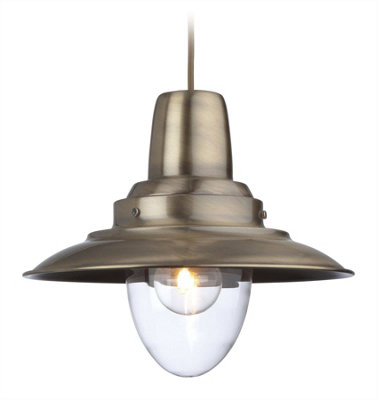 Luminosa Fisherman 1 Light Dome Ceiling Pendant Antique Brass, Clear Glass, E27