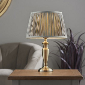 Luminosa Freya Table Lamp Antique Brass Plate & Charcoal Grey Silk 1 Light IP20 - E27