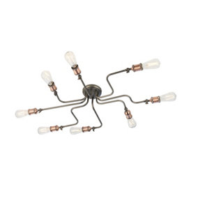 Luminosa Hal Large Industrial Style Multi Arm Flush Light, Aged Pewter & Copper with Adjustable Heads