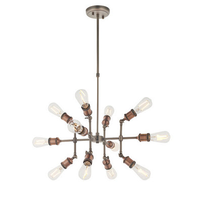 Luminosa Hal Large Industrial Style Multi Arm Pendant Light, Aged Pewter & Copper with Adjustable Heads