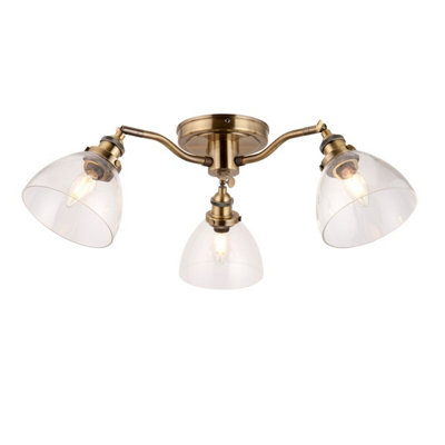 Luminosa Hansen Multi Arm Glass Semi Flush Ceiling Lamp, Antique Brass Plate, Glass