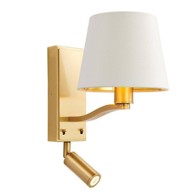 Luminosa Harvey 1 Light Indoor Wall Light Satin Brushed Gold, Vintage White Faux Silk, E14