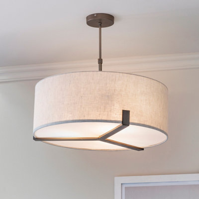 Luminosa Hayfield Cylindrical Pendant Brushed Bronze Effect Plate & Natural Linen 3 Light Dimmable IP20 - E27