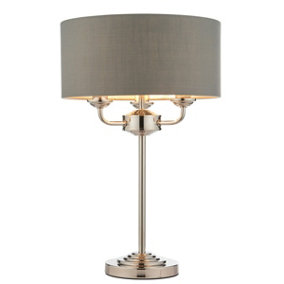 Luminosa Highclere Base & Shade Table Lamp, Bright Nickel Plate, Charcoal Fabric