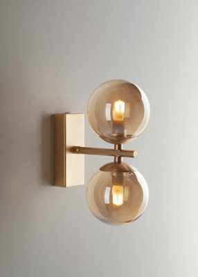 Luminosa Honey Twin Globe Wall Light, Brass Satin With Champagne Diffusers, G9