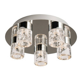 Luminosa Imperial 5 Light Bathroom Flush Ceiling Light Chrome, Clear Glass with Bubbles IP44