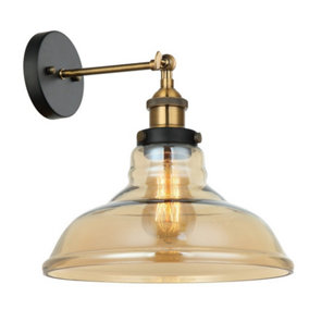 Luminosa Industrial And Retro Dome Wall Lamp Black, Gold 1 Light  with Amber Shade, E27 Dimmable