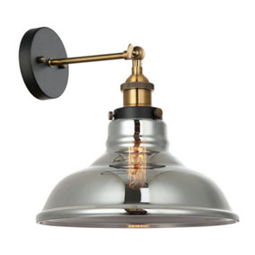 Luminosa Industrial And Retro Dome Wall Lamp Black, Gold 1 Light  with Smoky Shade, E27 Dimmable