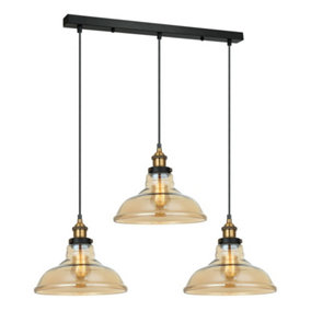 Luminosa Industrial And Retro Hanging Pendant Black, Gold 3 Light  with Amber Shade, E27 Dimmable