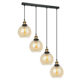 Luminosa Industrial And Retro Hanging Pendant Black, Gold 4 Light  with Amber Shade, E27 Dimmable