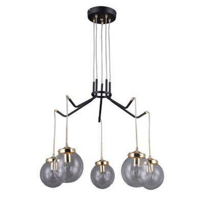 Luminosa Industrial And Retro Hanging Pendant Black Matt Gold 5 Light With Clear Shade E14