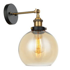 Luminosa Industrial And Retro Wall Lamp Black, Gold 1 Light  with Amber Shade, E27 Dimmable