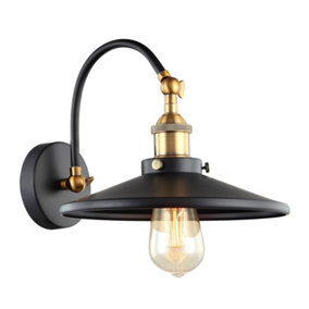 Luminosa Industrial And Retro Wall Lamp Black, Gold 1 Light  with Black Shade, E27