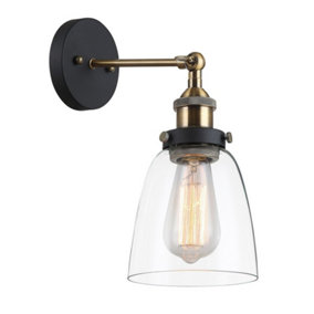 Luminosa Industrial And Retro Wall Lamp Black, Gold 1 Light  with Clear Shade, E27 Dimmable
