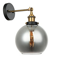 Luminosa Industrial And Retro Wall Lamp Black, Gold 1 Light  with Smoky Shade, E27 Dimmable