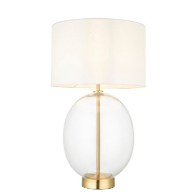 Luminosa Kelda Oval Table Lamp with Round Shade Satin Brass Plate, Clear Glass With Vintage White Fabric, 1x E27