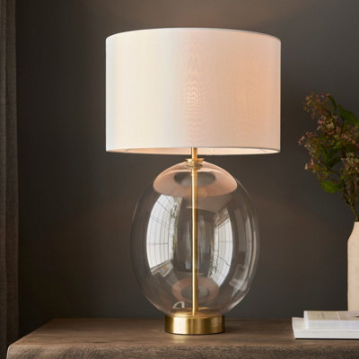 Luminosa Kelda Oval Table Lamp with Round Shade Satin Brass Plate, Clear Glass With Vintage White Fabric, 1x E27