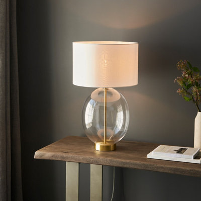 Luminosa Kelda Oval Table Lamp with Round Shade Satin Brass Plate, Clear Glass With Vintage White Fabric, 1x E27