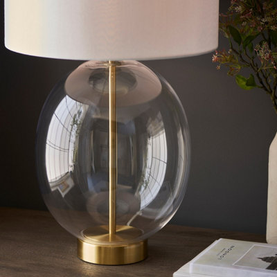 Luminosa Kelda Oval Table Lamp with Round Shade Satin Brass Plate, Clear Glass With Vintage White Fabric, 1x E27