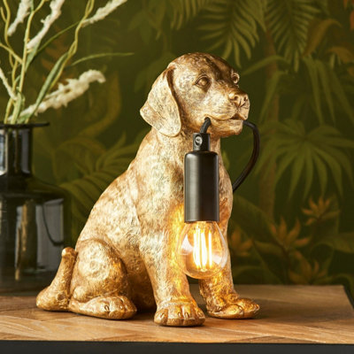 Luminosa Labrador Puppy Table Lamp Vintage Gold Paint, Matt Black, 1x E14