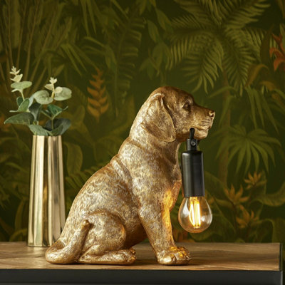 Luminosa Labrador Puppy Table Lamp Vintage Gold Paint, Matt Black, 1x E14