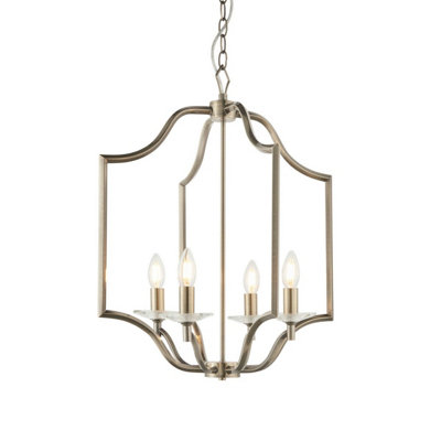 Luminosa Lainey 4 Light Ceiling Pendant Antique Brass Plate & Clear Crystal Glass, E14