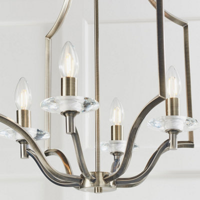 Luminosa Lainey 4 Light Ceiling Pendant Antique Brass Plate & Clear Crystal Glass, E14