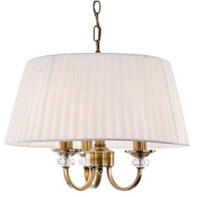 Luminosa Langham 3 Light Multi Arm Ceiling Pendant Antique Brass, Pleated Cream Shades, E14