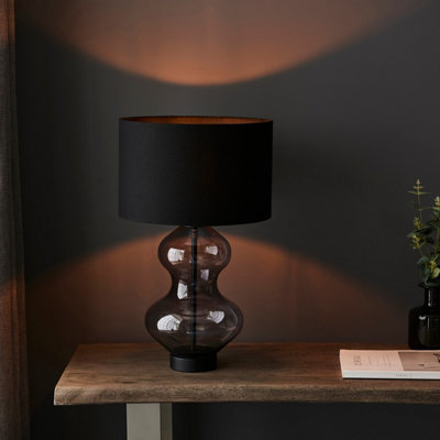 Luminosa Lecce Base & Shade Table Lamp, Grey Tinted Glass, Black Cotton Fabric With Matt Black Paint