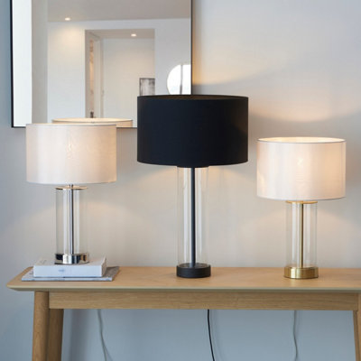 Luminosa Lessina Base & Shade Table Lamp, Bright Nickel Plate, Glass, Vintage White Fabric