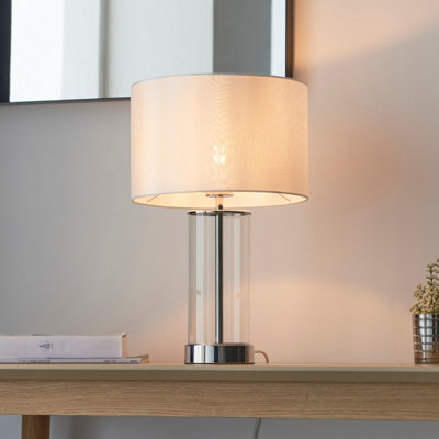 Luminosa Lessina Base & Shade Table Lamp, Bright Nickel Plate, Glass, Vintage White Fabric