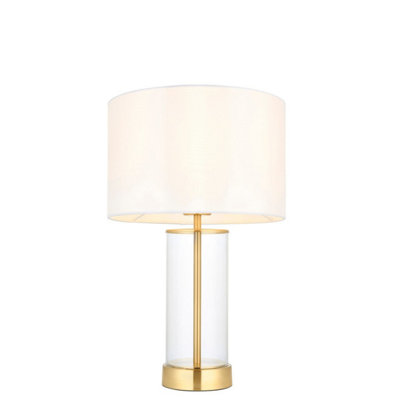Luminosa Lessina Base & Shade Table Lamp, Satin Brass Plate, Glass, Vintage White Fabric