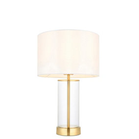 Luminosa Lessina Base & Shade Table Lamp, Satin Brass Plate, Glass, Vintage White Fabric