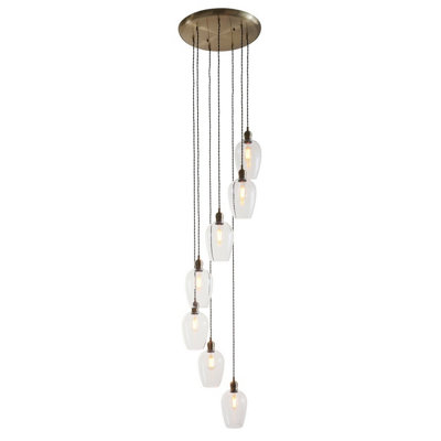 Luminosa Livorno Cluster Pendant Ceiling Light Antique Brass Plate & Clear Glass 7 x 10W LED E27