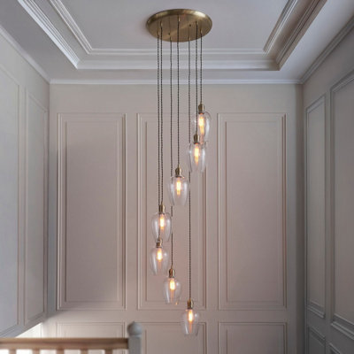 Luminosa Livorno Cluster Pendant Ceiling Light Antique Brass Plate & Clear Glass 7 x 10W LED E27