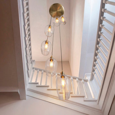 Luminosa Livorno Cluster Pendant Ceiling Light Antique Brass Plate & Clear Glass 7 x 10W LED E27