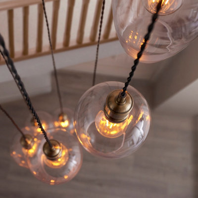 Luminosa Livorno Cluster Pendant Ceiling Light Antique Brass Plate & Clear Glass 7 x 10W LED E27