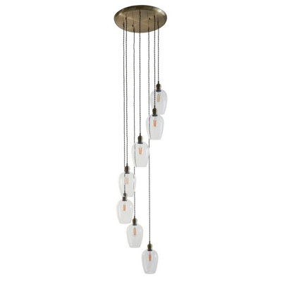 Luminosa Livorno Cluster Pendant Ceiling Light Antique Brass Plate & Clear Glass 7 x 10W LED E27