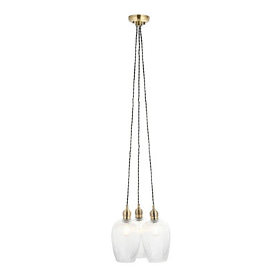 Luminosa Livorno Cluster Pendant Ceiling Light Antique Brass Plate & Clear Ribbed Glass 3 x 10W LED E27