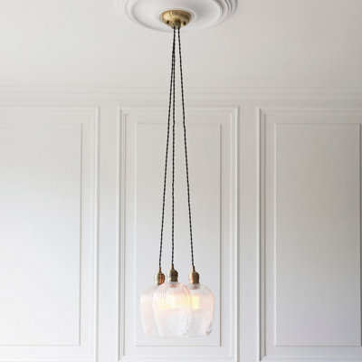 Luminosa Livorno Cluster Pendant Ceiling Light Antique Brass Plate & Clear Ribbed Glass 3 x 10W LED E27