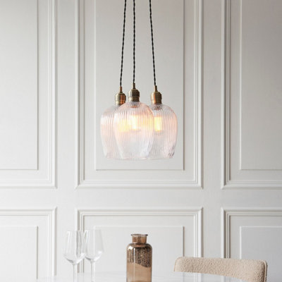Luminosa Livorno Cluster Pendant Ceiling Light Antique Brass Plate & Clear Ribbed Glass 3 x 10W LED E27