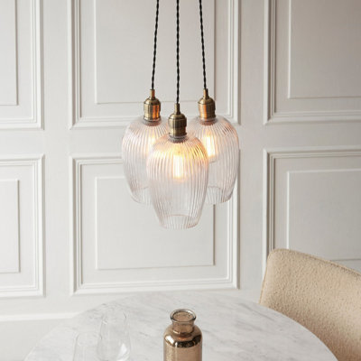 Luminosa Livorno Cluster Pendant Ceiling Light Antique Brass Plate & Clear Ribbed Glass 3 x 10W LED E27