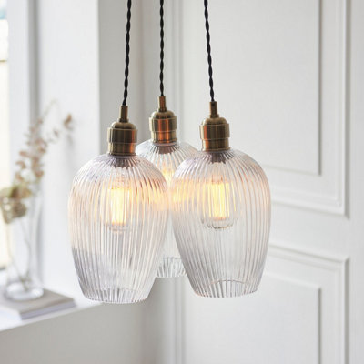 Luminosa Livorno Cluster Pendant Ceiling Light Antique Brass Plate & Clear Ribbed Glass 3 x 10W LED E27
