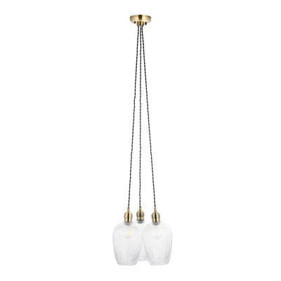 Luminosa Livorno Cluster Pendant Ceiling Light Antique Brass Plate & Clear Ribbed Glass 3 x 10W LED E27