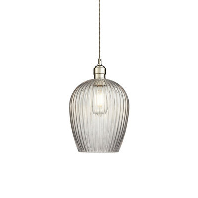 Luminosa Livorno Dome Pendant Ceiling Light Bright Nickel Plate, Clear Ribbed Glass
