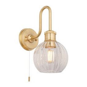 Luminosa Marsala Bathroom Glass Wall Lamp, Satin Brass Plate, Ribbed Glass, IP44