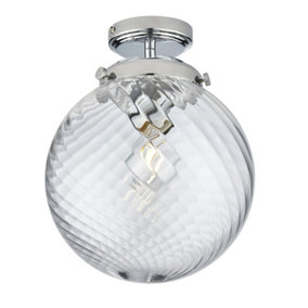 Luminosa Milston Semi Flush Ceiling Light Chrome, Clear Sprail Design Glass Globe Shade, IP44