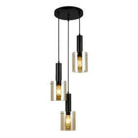 Luminosa Modern Hanging Pendant Black 3 Light  with Amber Shade, E27