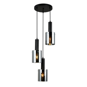 Luminosa Modern Hanging Pendant Black 3 Light  with Glass, Smoky Shade, E27