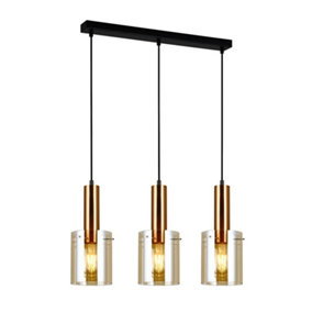 Luminosa Modern Hanging Pendant Brass 3 Light  with Amber Shade, E27